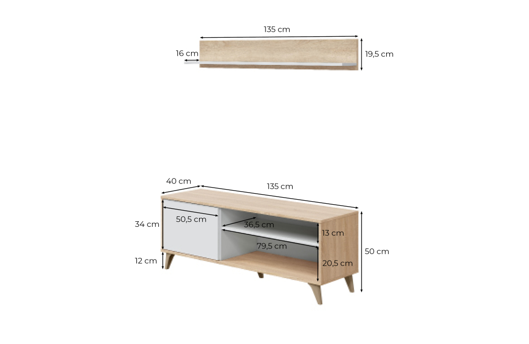Meuble TV LAURA 2 niches, 1 porte et étagère murale L135cm