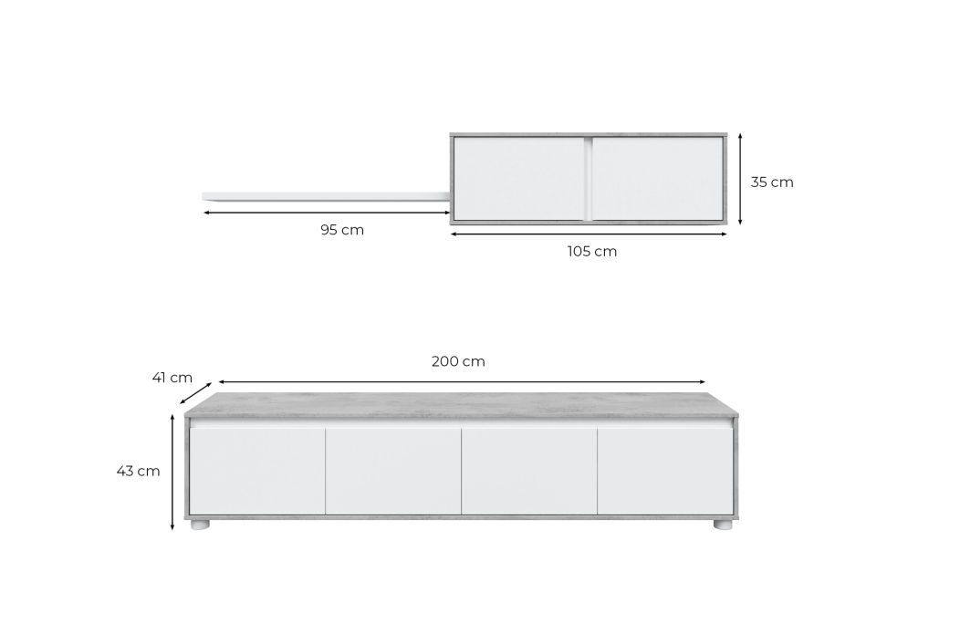 Meuble TV ADAN 4 portes avec étagère murale 2 portes L200cm