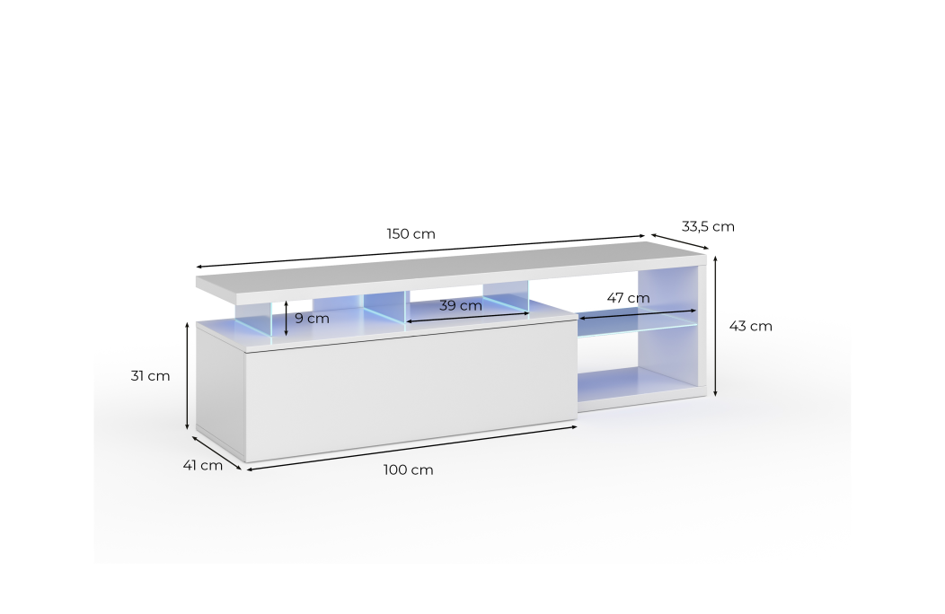 Meuble TV ETHAN à éclairage LED 1 Porte et 4 niches L150cm