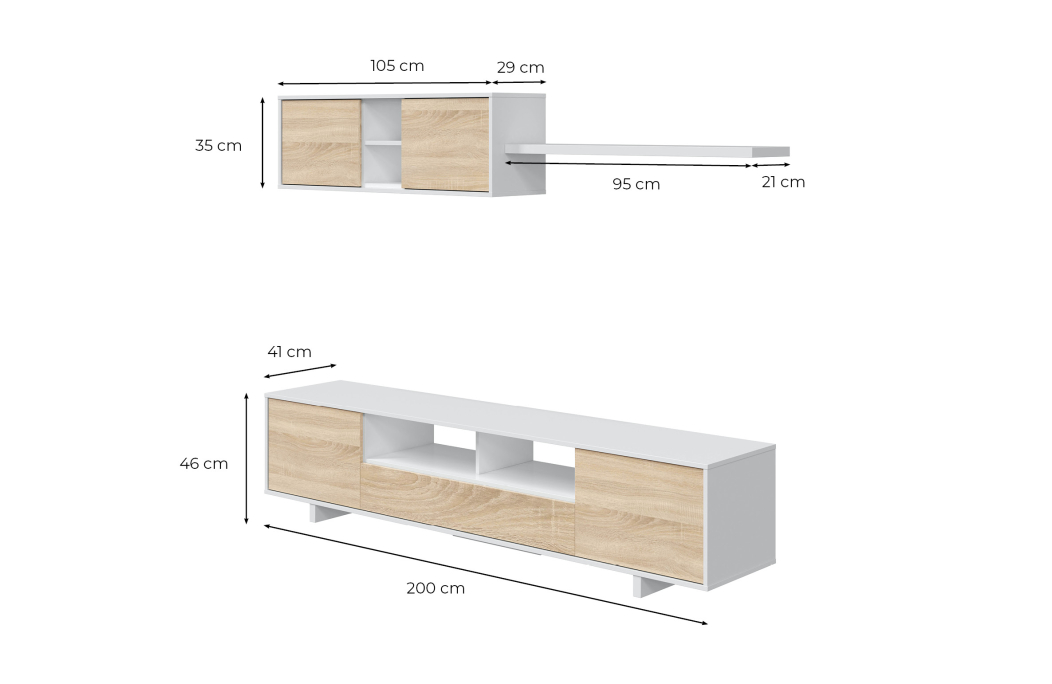 Meuble TV HUGO 3 portes et 1 niche avec étagère murale L200cm