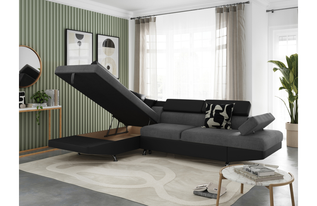 Canapé d'angle RIO Convertible avec coffre en tissu et simili