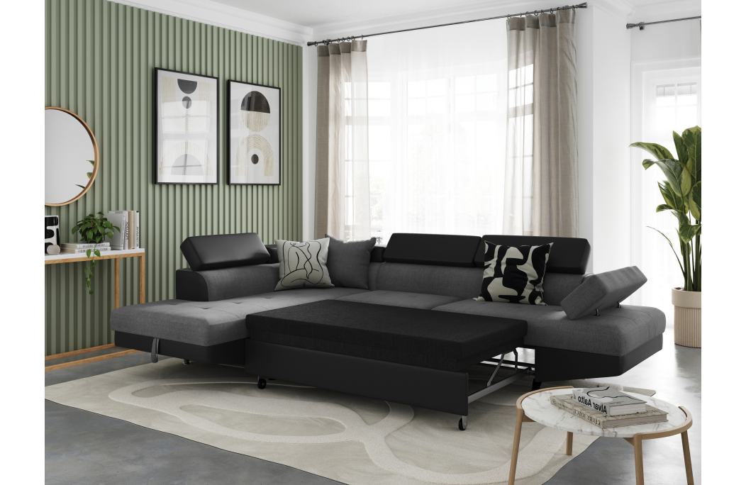Canapé d'angle RIO Convertible avec coffre en tissu et simili