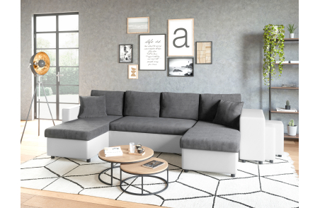Canapé d'angle panoramique OSLO convertible avec coffres et poufs en simili et microfibre