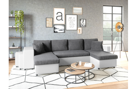 Canapé d'angle panoramique OSLO convertible avec coffres et poufs en simili et microfibre