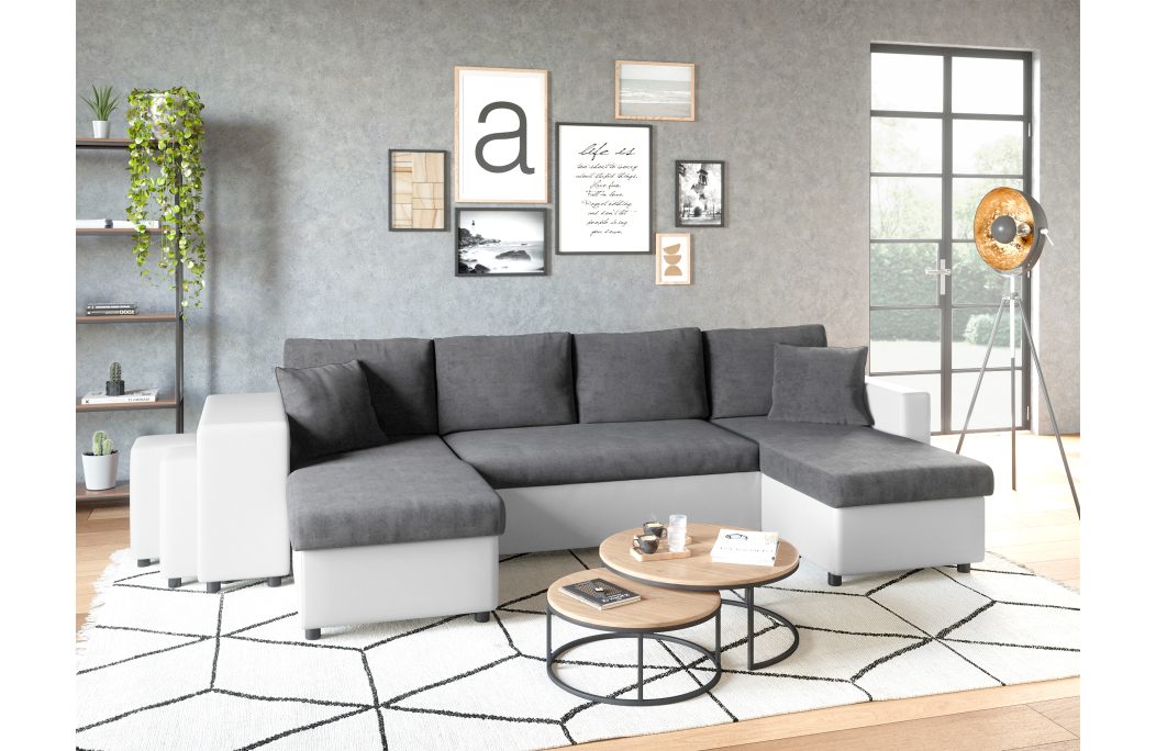 Canapé d'angle panoramique OSLO convertible avec coffres et poufs en simili et microfibre