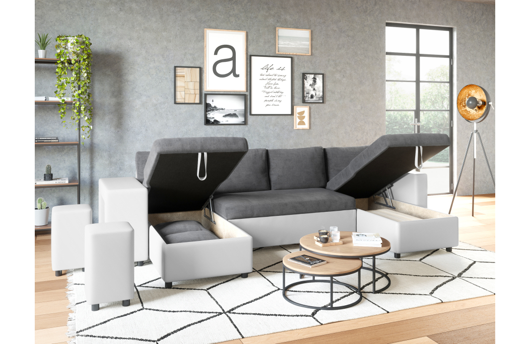 Canapé d'angle panoramique OSLO convertible avec coffres et poufs en simili et microfibre