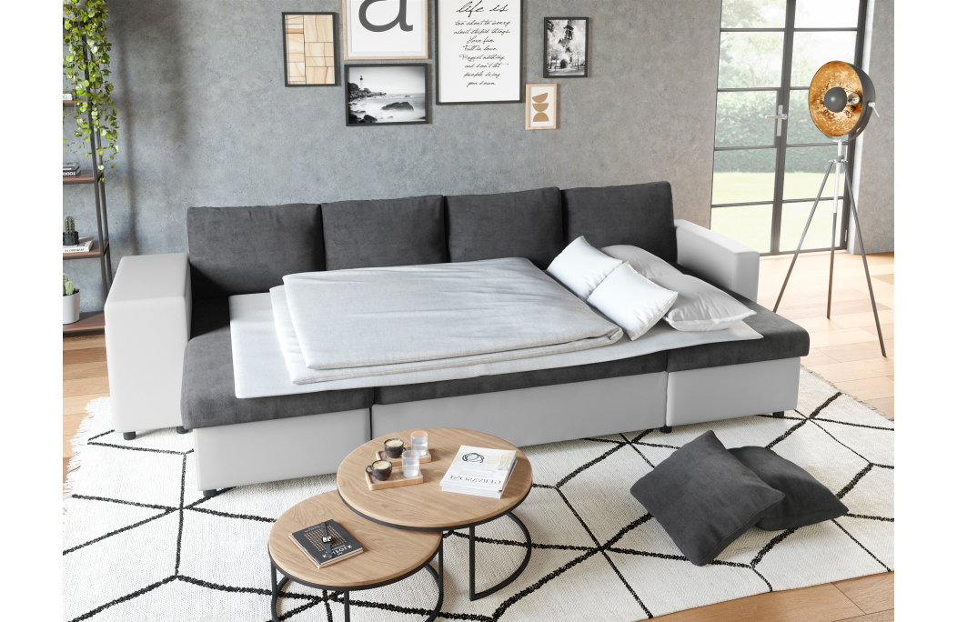 Canapé d'angle panoramique OSLO convertible avec coffres et poufs en simili et microfibre