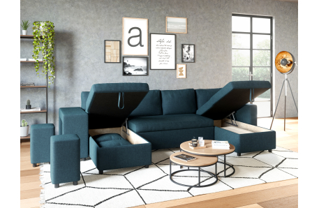 Canapé d'angle panoramique OSLO convertible avec coffres et poufs en tissu