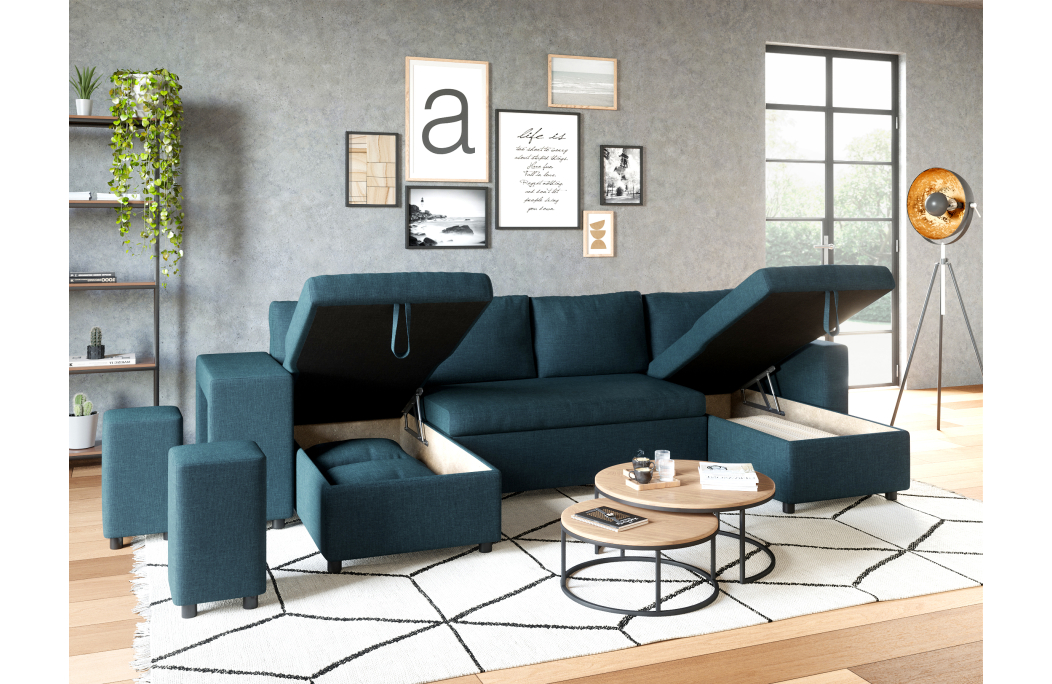 Canapé d'angle panoramique OSLO convertible avec coffres et poufs en tissu
