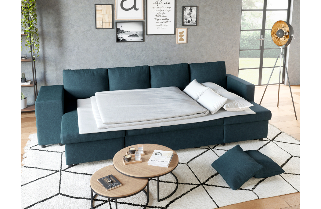 Canapé d'angle panoramique OSLO convertible avec coffres et poufs en tissu