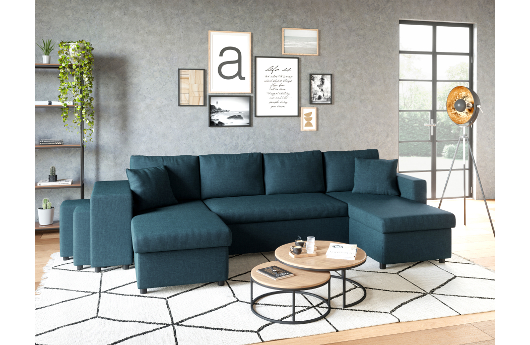 Canapé d'angle panoramique OSLO convertible avec coffres et poufs en tissu