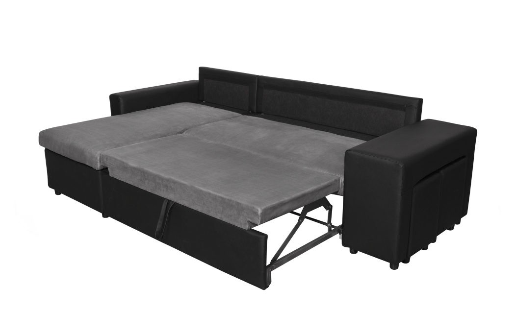 Canapé d'angle OSLO convertible avec coffre et poufs en microfibre et simili