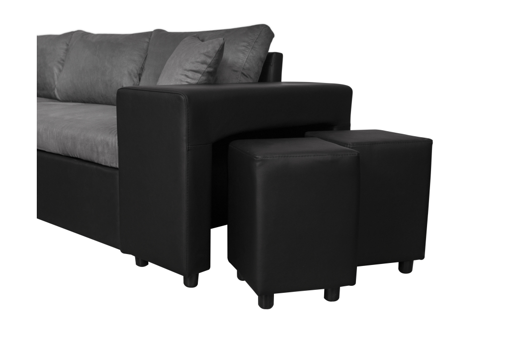 Canapé d'angle OSLO convertible avec coffre et poufs en microfibre et simili