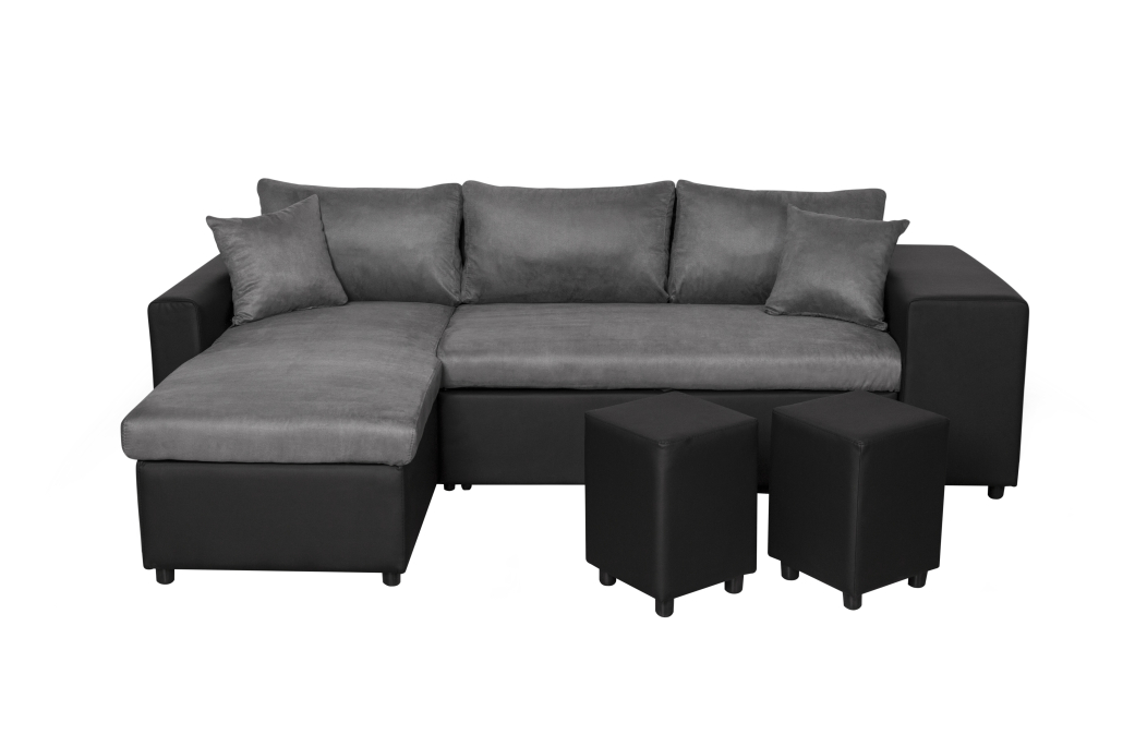 Canapé d'angle OSLO convertible avec coffre et poufs en microfibre et simili