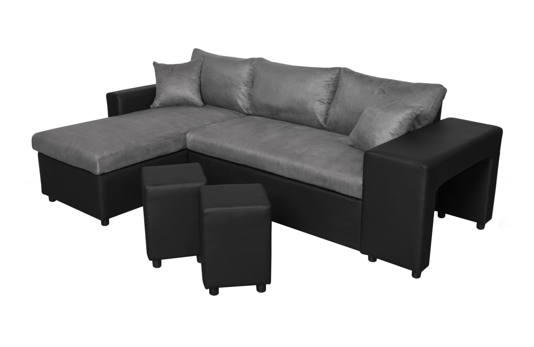 Canapé d'angle OSLO convertible avec coffre et poufs en microfibre et simili