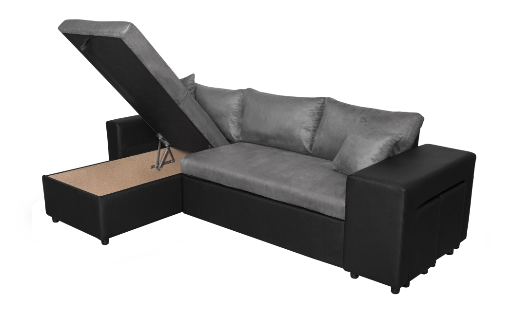 Canapé d'angle OSLO convertible avec coffre et poufs en microfibre et simili