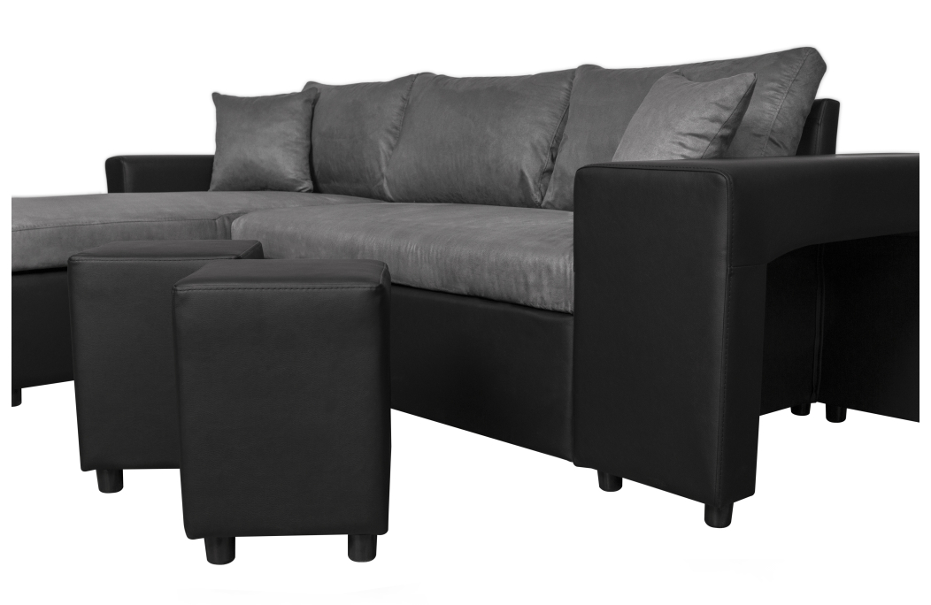 Canapé d'angle OSLO convertible avec coffre et poufs en microfibre et simili