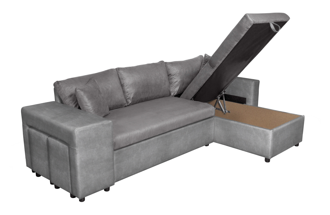Canapé d'angle OSLO convertible avec coffre et poufs en microfibre