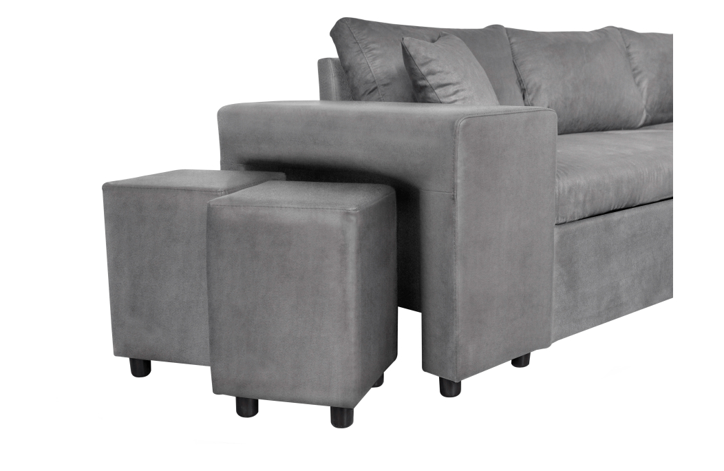 Canapé d'angle OSLO convertible avec coffre et poufs en microfibre