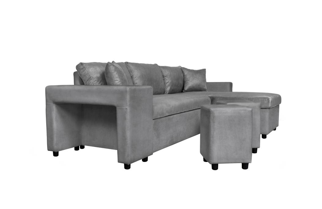 Canapé d'angle OSLO convertible avec coffre et poufs en microfibre