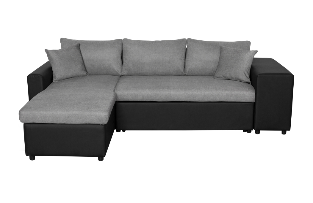 Canapé d'angle OSLO convertible avec coffre et poufs en tissu et simili