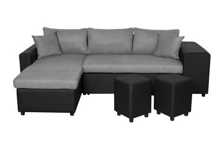 Canapé d'angle OSLO convertible avec coffre et poufs en tissu et simili