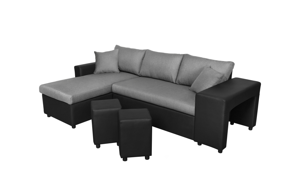 Canapé d'angle OSLO convertible avec coffre et poufs en tissu et simili
