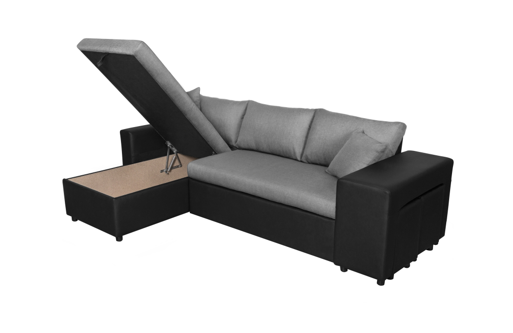 Canapé d'angle OSLO convertible avec coffre et poufs en tissu et simili