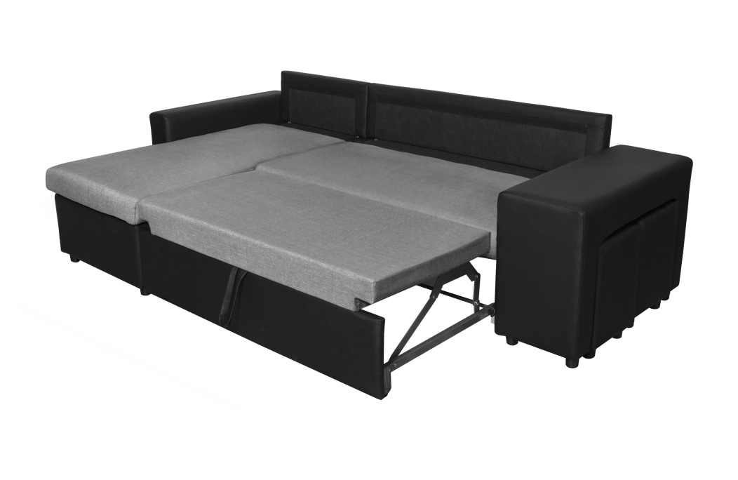 Canapé d'angle OSLO convertible avec coffre et poufs en tissu et simili