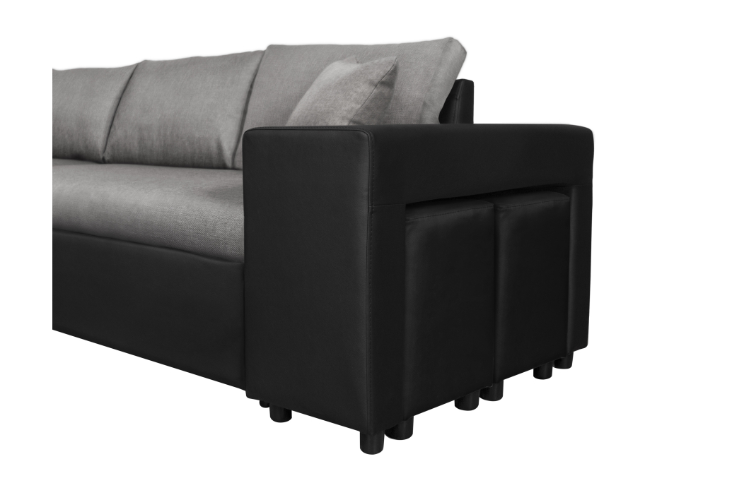 Canapé d'angle OSLO convertible avec coffre et poufs en tissu et simili