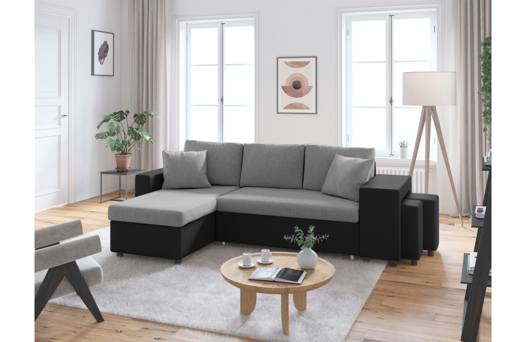 Canapé d'angle OSLO convertible avec coffre et poufs en tissu et simili