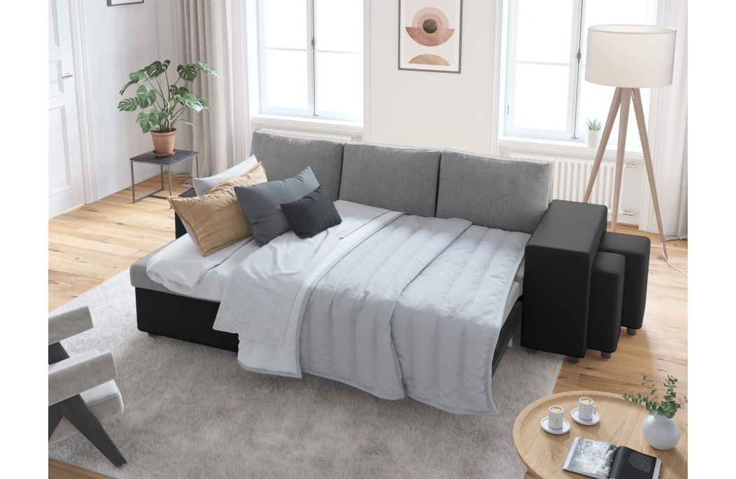 Canapé d'angle OSLO convertible avec coffre et poufs en tissu et simili