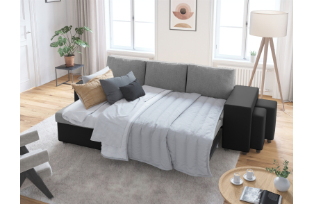 Canapé d'angle OSLO convertible avec coffre et poufs en tissu et simili