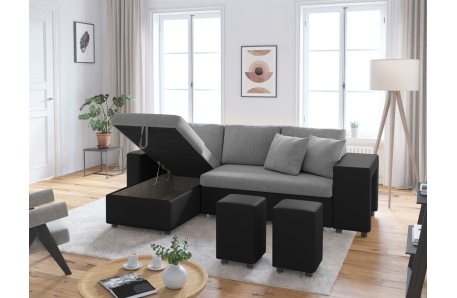 Canapé d'angle OSLO convertible avec coffre et poufs en tissu et simili