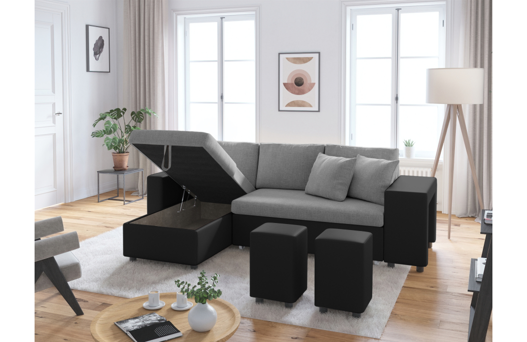 Canapé d'angle OSLO convertible avec coffre et poufs en tissu et simili