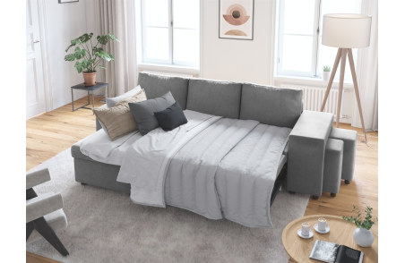 Canapé d'angle OSLO convertible avec coffre et poufs en microfibre
