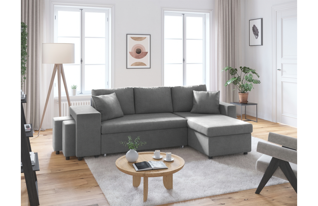 Canapé d'angle OSLO convertible avec coffre et poufs en microfibre