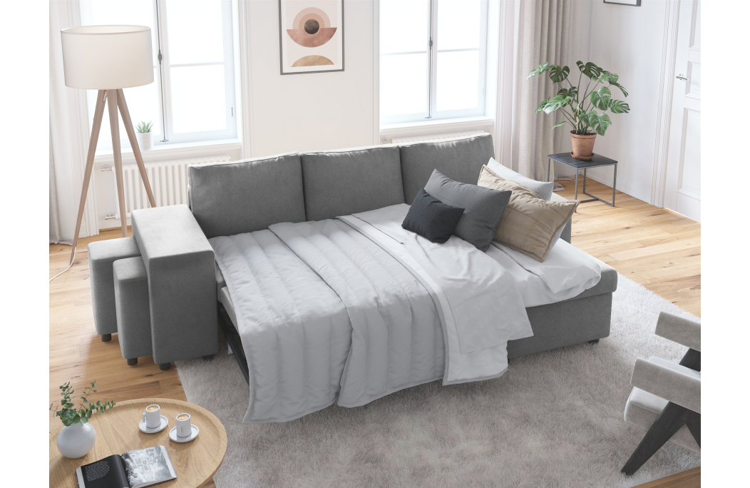 Canapé d'angle OSLO convertible avec coffre et poufs en microfibre