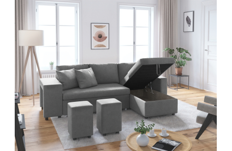 Canapé d'angle OSLO convertible avec coffre et poufs en microfibre