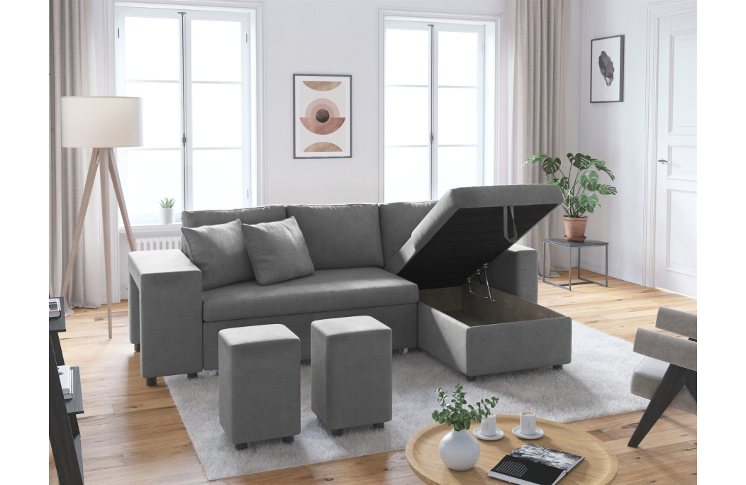 Canapé d'angle OSLO convertible avec coffre et poufs en microfibre