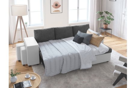 Canapé d'angle OSLO convertible avec coffre et poufs en microfibre et simili