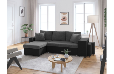 Canapé d'angle OSLO convertible avec coffre et poufs en microfibre et simili