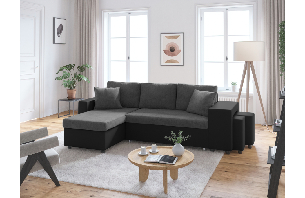 Canapé d'angle OSLO convertible avec coffre et poufs en microfibre et simili