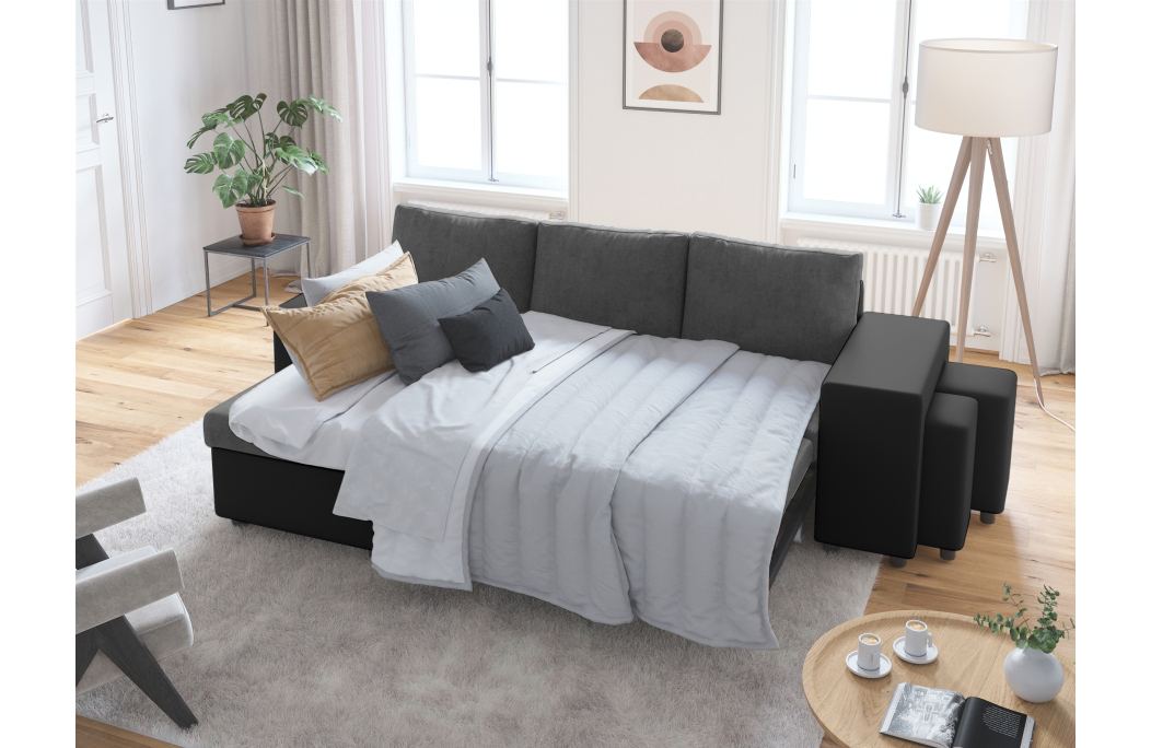 Canapé d'angle OSLO convertible avec coffre et poufs en microfibre et simili
