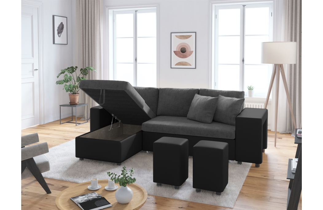 Canapé d'angle OSLO convertible avec coffre et poufs en microfibre et simili