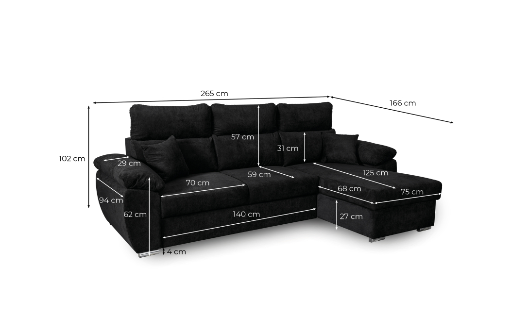 Canapé d'angle KOMO Reversible et Convertible avec coffre et têtières réglables en tissu