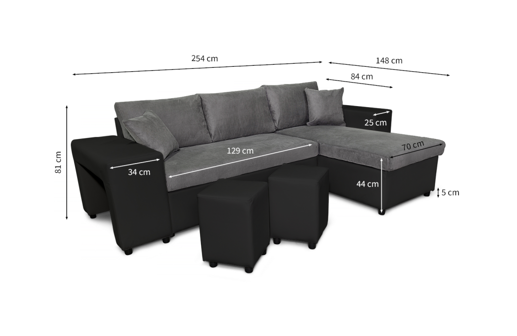 Canapé d'angle MADY convertible avec coffre, accoudoir étagère et poufs en simili et microfibre