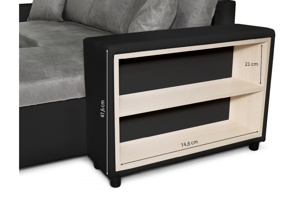 Canapé d'angle MADY convertible avec coffre, accoudoir étagère et poufs en simili et microfibre