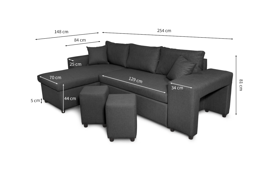 Canapé d'angle MADY convertible avec coffre, accoudoir étagère et poufs en tissu