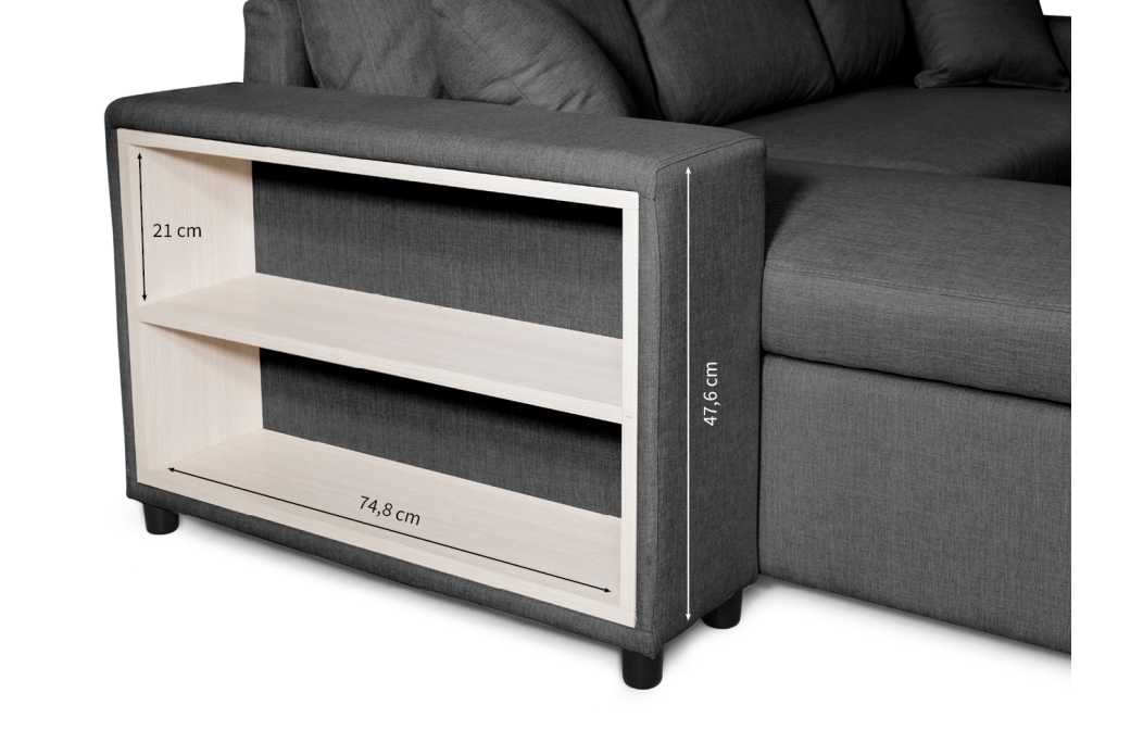 Canapé d'angle MADY convertible avec coffre, accoudoir étagère et poufs en tissu